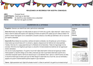 REALIZAMOS UN RECORRIDO POR NUESTRA COMUNIDAD
AREA : Personal Social
COMPETENCIA: Construye su identidad
DESEMPEÑO : Se identifica como miembro de su comunidad
FECHA :Martes 8 de agosto de 2023
DESCRIPCION DE LA ACTIVIDAD MATERIALES Y RECURSOS
Propósito: Conocen y se identifican como parte de su comunidad
Inicio:Mostramos una imagen a los niños donde se aprecia el frontis de su jardin, ¿Que observan? ¿sabes como se
llama el distrito donde está nuestra I.E? ¿Qué hay al frente de nuestra I.E? ¿sabes que es? ¿Cómo se llama? ¿Te
gustaria conocer mas lugares de tu comunidad? La docente comunica a los niños que saldremos a dar un recorrido
por nuestra comunidad
Desarrollo:Recordamos los acuerdos y salimos de manera ordenada, nos dirigimos por jiron chiclayo y
observamos que encontramos ahí; la comisaria, algunos colegios,local de talleres de la municipalidad,
tiendas, librerias etc. Luego pasaremos por la Alameda de los Descalzos , Paseo de Agua,hogar de los
ancianos ,Policlinico los Angeles,la parroquia. La docente irá mencionando los nombres de los lugares por
donde caminamos.
Una vez en el aula preguntamos ¿Te gustó el recorrido? ¿Qué observaste? ¿Conocias los lugares por donde
hemos pasado? La docente dialoga con los niños y menciona que todo lo que hemos observado es parte de su
comunidad incluyendo nuestra institucion educativa por lo cual debemos tener aprecio e identificarnos con ellas,
la docente brinda hojas en blanco para que los niños dibujen lo observado en su recorrido, una vez terminado y
pegado en la pizarra voluntariamente podran exponer lo que realizaron.
Cierre: ¿Qué aprendiste hoy? ¿Qué dificultades tuviste? ¿ ¿Cómo te sentiste? ¿te gustó la actividead de hoy?
Imágenes
Hojas
Colores
Pizarra
Plumones
 
