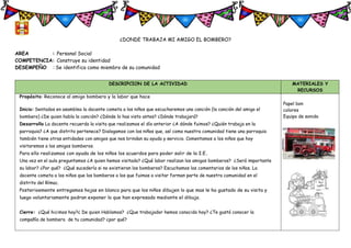 ¿DONDE TRABAJA MI AMIGO EL BOMBERO?
AREA : Personal Social
COMPETENCIA: Construye su identidad
DESEMPEÑO : Se identifica como miembro de su comunidad
DESCRIPCION DE LA ACTIVIDAD MATERIALES Y
RECURSOS
Propósito: Reconoce al amigo bombero y la labor que hace
Inicio: Sentados en asamblea la docente cometa a los niños que escucharemos una canción (la canción del amigo el
bombero) ¿De quien habla la canción? ¿Dónde lo has visto antes? ¿Dónde trabajará?
Desarrollo La docente recuerda la visita que realizamos el día anterior ¿A dónde fuimos? ¿Quién trabaja en la
parroquia? ¿A que distrito pertenece? Dialogamos con los niños que, así como nuestra comunidad tiene una parroquia
también tiene otras entidades con amigos que nos brindan su ayuda y servicio. Comentamos a los niños que hoy
visitaremos a los amigos bomberos.
Para ello realizamos con ayuda de los niños los acuerdos para poder salir de la I.E.
Una vez en el aula preguntamos ¿A quien hemos visitado? ¿Qué labor realizan los amigos bomberos? ¿Será importante
su labor? ¿Por qué? ¿Qué sucedería si no existieran los bomberos? Escuchamos los comentarios de los niños. La
docente cometa a los niños que los bomberos a los que fuimos a visitar forman parte de nuestra comunidad en el
distrito del Rímac.
Posterioemente entregamos hojas en blanco para que los niños dibujen lo que mas le ha gustado de su visita y
luego voluntariamente podran exponer lo que han expresado mediante el dibujo.
Cierre: ¿Qué hicimos hoy?¿ De quien Hablamos? ¿Que trabajador hemos conocido hoy? ¿Te gustó conocer la
compañía de bombero de tu comunidad? ¿por qué?
Papel bon
colores
Equipo de sonido
 
