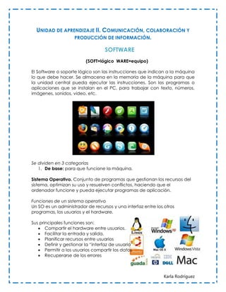 UNIDAD DE APRENDIZAJE II. COMUNICACIÓN, COLABORACIÓN Y
                PRODUCCIÓN DE INFORMACIÓN.

                                   SOFTWARE
                          (SOFT=lógico WARE=equipo)

El Software o soporte lógico son las instrucciones que indican a la máquina
lo que debe hacer. Se almacena en la memoria de la máquina para que
la unidad central pueda ejecutar las instrucciones. Son los programas o
aplicaciones que se instalan en el PC, para trabajar con texto, números,
imágenes, sonidos, video, etc.




Se dividen en 3 categorías
   1. De base: para que funcione la máquina.

Sistema Operativo. Conjunto de programas que gestionan los recursos del
sistema, optimizan su uso y resuelven conflictos, haciendo que el
ordenador funcione y pueda ejecutar programas de aplicación.

Funciones de un sistema operativo
Un SO es un administrador de recursos y una interfaz entre los otros
programas, los usuarios y el hardware.

Sus principales funciones son:
    Compartir el hardware entre usuarios.
    Facilitar la entrada y salida.
    Planificar recursos entre usuarios
    Definir y gestionar la “interfaz de usuario”
    Permitir a los usuarios compartir los datos
    Recuperarse de los errores



                                                               Karla Rodríguez
 