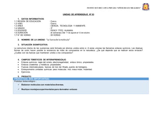 INSTITUCION EDUCATIVA PRIVADA “SEÑOR DE LOS MILAGROS”
UNIDAD DE APRENDIZAJE Nº 03
1. DATOS INFORMATIVOS:
1.1 REGION DE EDUCACION : Cusco.
1.2 UGEL : Cusco.
1.3 AREA : CIENCIA, TECNOLOGIA Y AMBIENTE.
1.4 GRADO : 3º
1.5 DOCENTE : PERCY TTITO HUAMAN
1.6 DURACIÓN : (6 semanas) Del 11 de agosto al 12 de octubre
1.7 N° DE HORAS : 05 HORAS
2. NOMBRE DE LA UNIDAD: “La fuerzade lamolécula”
3. SITUACIÓN SIGNIFICATIVA:
La estructura interna de las sustancias está formada por átomos unidos entre sí. A estas uniones las llamamos enlaces químicos. Las diversas
formas de unión hacen posible la existencia de miles de compuestos en la naturaleza. ¿De qué depende que se realicen estos enlaces?
¿Cuáles son las fuerzas que mantienen unidos a los compuestos?
4. CAMPOS TEMÁTICOS DE INTERAPRENDIZAJE:
 Enlaces químicos: regla del octeto, electronegatividad, enlace iónico, propiedades.
 Enlaces covalentes y metálicos: propiedades.
 Fuerzas intermoleculares, fuerzas de Van der Waals, puente de hidrógeno.
 Estequiometria unidades químicas: peso molecular, mol, masa molar, molaridad.
 Ejercicios.
5. PRODUCTO
PRODUCTO(S) MÁS IMPORTANTE(S)
Prototipo biotecnológico :
 Elaboran moléculas con materialesdiversos.
 Realizan montajesexperimentalespara demostrar enlaces
 