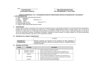 Vº Bº ___________________________________ ______________________________________
Prof. Eloisa Soto Mgs. Sheila Sierralta Pinedo
Coordinadora Académica Prof. Área Matemática – Tercer Grado
UNIDAD DE APRENDIZAJE Nº 07: “APLIQUEMOS ESTADÍSTICA DEMOSTRANDO SENTIDO DE ORGANIZACIÓN Y SOLIDARIDAD”
I. DATOS INFORMATIVOS:
1.1 Institución Educativa: “Santo Domingo de Guzmán”
1.2 Área : Matemática
1.3 Grado : Segundo. Secciones: A - B
1.4 Bimestre : Cuarto
1.5 Duración : Inicio: 24-10-11 Término:25-11-11
1.6 Horas semanales: 06 horas.
1.7 Profesora : Mgs. Sheila Sierralta Pinedo de Gordillo.
II. JUSTIFICACION:
En esta unidad se rescata el conocimiento de los valores que se programaron para el cuarto bimestre articulados con los temas transversales, capacidades y
actitudes ante el área que nos permitirán que el alumno sea un ser competente matemáticamente durante un proceso continuo; con el fin de que se
evidencien en el saber actuar con un desempeño eficaz para afrontar la vida diaria en el saber ser, hacer y conocer, idóneo para responder a la vida; para lo
cual se han seleccionado contenidos diversificados de estadística, trabajados de manera articulada, no olvidando integrarlo con los demás organizadores
como el de números relaciones y funciones así como de geometría y medición.
III. PROPOSITO DE LA UNIDAD: COMPETENCIAS
VI CICLO
ESTADÍSTICA Y
PROBABILIDAD
Resuelve problemas que requieren de las conexiones de datos estadísticos y
probabilísticos; argumenta y comunica los procesos de solución y resultados utilizando
lenguaje matemático.
IV. VALORES Y ACTITUDES:
VALOR CRITERIOS ACTITUDES
TERNURA
ASERTIVIDAD - EMPATÍA
ARMONÍA - ESCUCHA
• Acepta con respeto las ideas de los demás
• Pone en práctica indicaciones recibidas: consejos, compromisos, etc.
• Percibe los sentimientos de sus compañeros y se identifica con ellos
APRECIO
TOLERANCIA
CUIDADO
• Cuida su propio cuerpo y de los demás
• Ama a la naturaleza protegiendo las naturalezas, áreas verdes de la I.E.
• Se acepta y valora reconociendo sus límites y potenciando sus fortalezas
• Acepta sin discriminación a sus compañeros
• Cuida su salud practicando hábitos de higiene
 