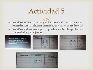  Los niños utilizan material y se dan cuenta de que para restar
deben desagrupar decenas en unidades y centenas en decenas.
 Los niños se dan cuenta que no pueden resolver los problemas
con los dedos y dibujando.
Actividad 5
 