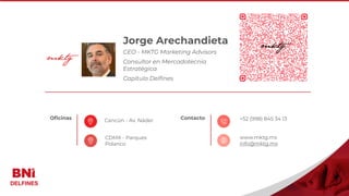 Jorge Arechandieta
CEO - MKTG Marketing Advisors
Oficinas Cancún - Av. Náder Contacto +52 (998) 845 34 13
www.mktg.mx
info@mktg.mx
CDMX - Parques
Polanco
Consultor en Mercadotecnia
Estratégica
Capítulo Delfines
 