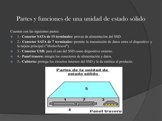 Partes y funciones de una unidad de estado sólido
Cuentan con las siguientes partes:
 1.- Conector SATA de 15 terminales: provee de alimentación del SSD.
 2.- Conector SATA de 7 terminales: permite la transmisión de datos entre el dispositivo y
    la tarjeta principal ("Motherboard").
 3.- Conector USB: para el uso del SSD como dispositivo externo.
 4.- Panel trasero: integra los conectores de alimentación y datos.
 5.- Cubierta: protege los circuitos internos del SSD y le da estética al producto.
 