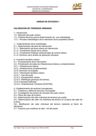 CAPACITACIÓN CATASTROS PREDIALES
VALOR DE LA PROPIEDAD
UNIDAD DE ESTUDIOS 1
Arq. Miguel Vega; Arq. Juan Salgado; Ing. Milton Jaramillo Pág.1
UNIDAD DE ESTUDIOS 1
VALORACION DE TERRENOS URBANOS
1.- Introducción
1.2.- Mercado del suelo urbano
1.3.- Criterios técnicos para la determinación de una metodología
1.3.1.- Proceso metodológico de la valoración de la propiedad urbana
2.- Implementación de la metodología
2.1.- Determinación del área de intervención
2.1.1.- Delimitación del área urbana de intervención
2.1.2.- Condiciones físicas de lo urbano
2.1.3.- Condiciones Políticas institucionales de control urbano
2.1.4.-Territorio como ámbito de aplicación tributaria
3.- Inventario temático urbano
3.1.- Procesamiento de la información
3.2.- Ponderación de redes de infraestructura básica y complementaria
3.2.1.- Infraestructura básica
3.2.2.- Infraestructura complementaria:
3.2.3- Servicios municipales:
3.2.4.- Información temática urbana
3.2.4.1.- Uso del suelo
3.2.4.2.- Equipamiento urbano
3.2.4.3.- Morfología (jerarquía de barrios)
3.2.4.4 densidad edificada
3.2.4.5.- Ordenamiento Territorial (COOTAD)
4.- Establecimiento de sectores homogéneos
4.1.- Cobertura y déficit de servicios municipales
4.2.- Investigación de precios de mercado del suelo urbano
4.3.- Plano del valor de la tierra
4.4.- Determinación del valor individual de terrenos por predio
4.5.- Determinación del valor m2 individual del terreno en el plano del valor de
la tierra
4.6.- Modificación del valor individual del terreno mediante el factor de
afectación
4.7.- Factores que modifican el valor m2 del predio
 