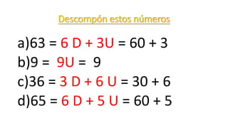 Descompón estos números 
a)63 = 6 D + 3U = 60 + 3 
b)9 = 9U = 9 
c)36 = 3 D + 6 U = 30 + 6 
d)65 = 6 D + 5 U = 60 + 5 
 