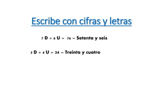 Escribe con cifras y letras 
7 D + 6 U = 76 = Setenta y seis 
3 D + 4 U = 34 = Treinta y cuatro 
 