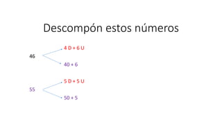 Descompón estos números 
4 D + 6 U 
46 
40 + 6 
5 D + 5 U 
55 
50 + 5 
 