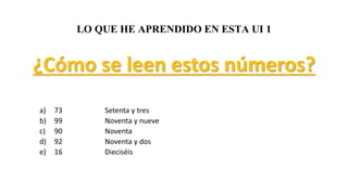 LO QUE HE APRENDIDO EN ESTA UI 1 
¿Cómo se leen estos números? 
a) 73 Setenta y tres 
b) 99 Noventa y nueve 
c) 90 Noventa 
d) 92 Noventa y dos 
e) 16 Dieciséis 
 