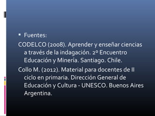  Fuentes:

CODELCO (2008). Aprender y enseñar ciencias
a través de la indagación. 2º Encuentro
Educación y Minería. Santiago. Chile.
Collo M. (2012). Material para docentes de II
ciclo en primaria. Dirección General de
Educación y Cultura - UNESCO. Buenos Aires
Argentina.

 