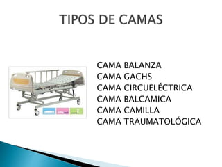 CAMA BALANZA
CAMA GACHS
CAMA CIRCUELÉCTRICA
CAMA BALCAMICA
CAMA CAMILLA
CAMA TRAUMATOLÓGICA
 