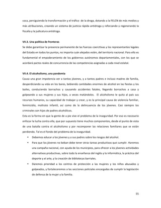 55	
  
	
  
coca,	
  persiguiendo	
  la	
  transformación	
  y	
  el	
  tráfico	
  	
  de	
  la	
  droga,	
  dotando	
  a	
  la	
  FELCN	
  de	
  más	
  medios	
  y	
  
más	
  atribuciones,	
  creando	
  un	
  sistema	
  de	
  justicia	
  rápida	
  antidroga	
  y	
  reforzando	
  y	
  regenerando	
  la	
  
fiscalía	
  y	
  la	
  judicatura	
  antidroga.	
  
	
  
VII.3.	
  Una	
  política	
  de	
  fronteras	
  
Se	
  debe	
  garantizar	
  la	
  presencia	
  permanente	
  de	
  las	
  fuerzas	
  coercitivas	
  y	
  los	
  representantes	
  legales	
  
del	
  Estado	
  en	
  todos	
  los	
  puntos,	
  no	
  importa	
  cuán	
  alejados	
  estén,	
  del	
  territorio	
  nacional.	
  Para	
  ello	
  es	
  
fundamental	
  el	
  empoderamiento	
  de	
  los	
  gobiernos	
  autónomos	
  departamentales,	
  con	
  los	
  que	
  se	
  
acordará	
  pactos	
  reales	
  de	
  concurrencia	
  de	
  las	
  competencias	
  asignadas	
  a	
  cada	
  nivel	
  estatal.	
  	
  	
  
	
  
VII.4.	
  El	
  alcoholismo,	
  una	
  pandemia	
  
Causa	
  una	
  gran	
  impotencia	
  ver	
  a	
  tantos	
  jóvenes,	
  y	
  a	
  tantos	
  padres	
  e	
  incluso	
  madres	
  de	
  familia,	
  
desperdiciando	
  su	
  vida	
  en	
  los	
  bares,	
  bebiendo	
  cantidades	
  enormes	
  de	
  alcohol	
  en	
  las	
  fiestas	
  y	
  los	
  
bailes,	
   conduciendo	
   borrachos	
   y	
   causando	
   accidentes	
   fatales,	
   llegando	
   borrachos	
   a	
   casa	
   y	
  
golpeando	
   a	
   sus	
   mujeres	
   y	
   sus	
   hijos,	
   a	
   veces	
   matándolos.	
   	
   El	
   alcoholismo	
   le	
   quita	
   al	
   país	
   sus	
  
recursos	
  humanos,	
  su	
  capacidad	
  de	
  trabajar	
  y	
  crear,	
  y	
  es	
  la	
  principal	
  causa	
  de	
  violencia	
  familiar,	
  
feminicidio,	
   maltrato	
   infantil,	
   así	
   como	
   de	
   la	
   delincuencia	
   de	
   los	
   jóvenes.	
   Casi	
   siempre	
   los	
  
criminales	
  son	
  hijos	
  de	
  padres	
  alcohólicos.	
  
Esta	
  es	
  la	
  forma	
  en	
  que	
  la	
  gente	
  de	
  a	
  pie	
  vive	
  el	
  problema	
  de	
  la	
  inseguridad.	
  Por	
  eso	
  es	
  necesario	
  
enfocar	
  la	
  lucha	
  contra	
  ella,	
  que	
  por	
  supuesto	
  tiene	
  muchos	
  componentes,	
  desde	
  el	
  punto	
  de	
  vista	
  
de	
   una	
   batalla	
   contra	
   el	
   alcoholismo	
   y	
   por	
   recomponer	
   las	
   relaciones	
   familiares	
   que	
   se	
   están	
  
perdiendo.	
  Tal	
  es	
  el	
  fondo	
  del	
  problema	
  de	
  la	
  inseguridad.	
  
• Debemos	
  educar	
  a	
  los	
  jóvenes	
  y	
  a	
  sus	
  padres	
  sobre	
  los	
  riesgos	
  del	
  alcohol.	
  
• Para	
  que	
  los	
  jóvenes	
  no	
  beban	
  debe	
  tener	
  otras	
  tareas	
  productivas	
  que	
  cumplir.	
  Haremos	
  
una	
  campaña	
  nacional,	
  con	
  ayuda	
  de	
  los	
  municipios,	
  para	
  ofrecer	
  a	
  los	
  jóvenes	
  actividades	
  
alternativas	
  productivas,	
  sobre	
  todo	
  la	
  enseñanza	
  del	
  inglés	
  y	
  la	
  informática,	
  la	
  práctica	
  del	
  
deporte	
  y	
  el	
  arte,	
  y	
  la	
  creación	
  de	
  bibliotecas	
  barriales.	
  
• Daremos	
   prioridad	
   a	
   los	
   centros	
   de	
   protección	
   a	
   las	
   mujeres	
   y	
   los	
   niños	
   abusados	
   y	
  
golpeados,	
  y	
  fortaleceremos	
  a	
  las	
  secciones	
  policiales	
  encargadas	
  de	
  cumplir	
  la	
  legislación	
  
de	
  defensa	
  de	
  la	
  mujer	
  y	
  la	
  familia.	
  
	
  
	
  
 