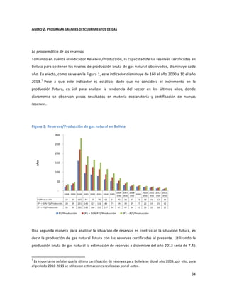 64	
  
	
  
ANEXO	
  2.	
  PROGRAMA	
  GRANDES	
  DESCUBRIMIENTOS	
  DE	
  GAS	
  
	
  
	
  
La	
  problemática	
  de	
  las	
  reservas	
  
Tomando	
  en	
  cuenta	
  el	
  indicador	
  Reservas/Producción,	
  la	
  capacidad	
  de	
  las	
  reservas	
  certificadas	
  en	
  
Bolivia	
  para	
  sostener	
  los	
  niveles	
  de	
  producción	
  bruta	
  de	
  gas	
  natural	
  observados,	
  disminuye	
  cada	
  
año.	
  En	
  efecto,	
  como	
  se	
  ve	
  en	
  la	
  Figura	
  1,	
  este	
  indicador	
  disminuye	
  de	
  160	
  el	
  año	
  2000	
  a	
  10	
  el	
  año	
  
2013.7
	
  Pese	
   a	
   que	
   este	
   indicador	
   es	
   estático,	
   dado	
   que	
   no	
   considera	
   el	
   incremento	
   en	
   la	
  
producción	
   futura,	
   es	
   útil	
   para	
   analizar	
   la	
   tendencia	
   del	
   sector	
   en	
   los	
   últimos	
   años,	
   donde	
  
claramente	
   se	
   observan	
   pocos	
   resultados	
   en	
   materia	
   exploratoria	
   y	
   certificación	
   de	
   nuevas	
  
reservas.	
  
	
  	
  
	
  
Figura	
  1:	
  Reservas/Producción	
  de	
  gas	
  natural	
  en	
  Bolivia	
  
	
  
	
  
Una	
  segunda	
  manera	
  para	
  analizar	
  la	
  situación	
  de	
  reservas	
  es	
  contrastar	
  la	
  situación	
  futura,	
  es	
  
decir	
  la	
  producción	
  de	
  gas	
  natural	
  futura	
  con	
  las	
  reservas	
  certificadas	
  al	
  presente.	
  Utilizando	
  la	
  
producción	
  bruta	
  de	
  gas	
  natural	
  la	
  estimación	
  de	
  reservas	
  a	
  diciembre	
  del	
  año	
  2013	
  sería	
  de	
  7.45	
  
	
  	
  	
  	
  	
  	
  	
  	
  	
  	
  	
  	
  	
  	
  	
  	
  	
  	
  	
  	
  	
  	
  	
  	
  	
  	
  	
  	
  	
  	
  	
  	
  	
  	
  	
  	
  	
  	
  	
  	
  	
  	
  	
  	
  	
  	
  	
  	
  	
  	
  	
  	
  	
  	
  	
  	
  	
  	
  	
  	
  	
  
7
	
  Es	
  importante	
  señalar	
  que	
  la	
  última	
  certificación	
  de	
  reservas	
  para	
  Bolivia	
  se	
  dio	
  el	
  año	
  2009,	
  por	
  ello,	
  para	
  
el	
  período	
  2010-­‐2013	
  se	
  utilizaron	
  estimaciones	
  realizadas	
  por	
  el	
  autor.	
  
1998 1999 2000 2001 2002 2003 2004 2005
2006	
  
(Est)
2007	
  
(Est)
2008	
  
(Est)
2009
2010	
  
(Est)
2011	
  
(Est)
2012	
  
(Est)
2013	
  
(Est)
P1/Producción 22	
   30	
   160	
   94	
   87	
   79	
   62	
   51	
   40	
   30	
   23	
   23	
   18	
   16	
   12	
   10	
  
(P1	
  +	
  50%	
  P2)/Producción 28	
   39	
   221	
   140	
   127	
   116	
   89	
   73	
   54	
   39	
   29	
   27	
   22	
   19	
   15	
   12	
  
(P1	
  +	
  P2)/Producción 35	
   49	
   282	
   185	
   166	
   152	
   117	
   94	
   67	
   47	
   34	
   31	
   26	
   22	
   18	
   15	
  
-­‐
50	
  
100	
  
150	
  
200	
  
250	
  
300	
  
Años
P1/Producción (P1	
  +	
  50%	
  P2)/Producción (P1	
  +	
  P2)/Producción
 