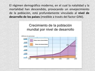 El régimen demográfico moderno, en el cual la natalidad y la
mortalidad han descendido, provocando un envejecimiento
de la población, está profundamente vinculado al nivel de
desarrollo de los países (medible a través del factor GINI).
 