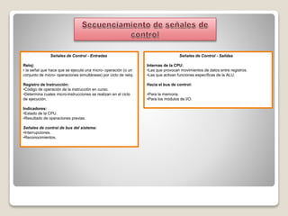 Señales de Control - Entradas
Reloj:
• la señal que hace que se ejecute una micro- operación (o un
conjunto de micro- operaciones simultáneas) por ciclo de reloj.
Registro de Instrucción:
•Código de operación de la instrucción en curso.
•Determina cuales micro-instrucciones se realizan en el ciclo
de ejecución.
Indicadores:
•Estado de la CPU.
•Resultado de operaciones previas.
Señales de control de bus del sistema:
•Interrupciones.
•Reconocimientos.
Señales de Control - Salidas
Internas de la CPU:
•Las que provocan movimientos de datos entre registros.
•Las que activan funciones específicas de la ALU.
Hacia el bus de control:
•Para la memoria.
•Para los módulos de I/O.
 