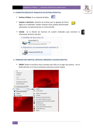 UNIDAD DE TRBAJO 1.- SISTEMAS OPERATIVOS HABITUALES
2
2.- ELEMENTOS BÁSICOS DE TRABAJO EN UN SISTEMA OPERATIVO.
 Archivo o fichero. Es un conjunto de datos.
 Carpeta o directorio. Conjunto de archivos que se agrupan de forma
lógica en el ordenador. Pueden contener otras carpetas denominadas
subcarpetas. Se representan por un icono amarillo.
 Unidad. Es la división de hacemos de nuestro ordenador para encontrar la
información de forma más fácil.
3.- TRABAJAR CON CARPETAS, ARCHIVOS, IMÁGENES O ACCESOS DIRECTOS.
 CREAR. Desde el escritorio sitúa el puntero del ratón en el lugar que quieras, con el
botón derecho, en el menú contextual, selecciona nuevo/ carpeta.
 
