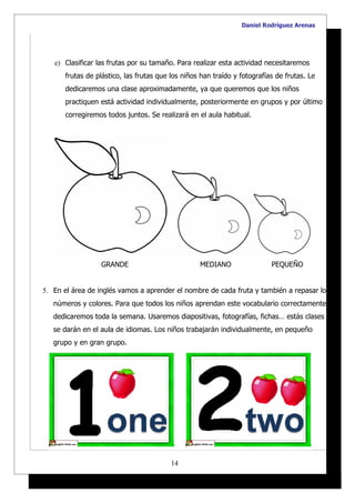 Daniel Rodríguez Arenas




   e) Clasificar las frutas por su tamaño. Para realizar esta actividad necesitaremos
      frutas de plástico, las frutas que los niños han traído y fotografías de frutas. Le
      dedicaremos una clase aproximadamente, ya que queremos que los niños
      practiquen está actividad individualmente, posteriormente en grupos y por último
      corregiremos todos juntos. Se realizará en el aula habitual.




                  GRANDE                          MEDIANO                 PEQUEÑO


5. En el área de inglés vamos a aprender el nombre de cada fruta y también a repasar los
   números y colores. Para que todos los niños aprendan este vocabulario correctamente
   dedicaremos toda la semana. Usaremos diapositivas, fotografías, fichas… estás clases
   se darán en el aula de idiomas. Los niños trabajarán individualmente, en pequeño
   grupo y en gran grupo.




                                         14
 