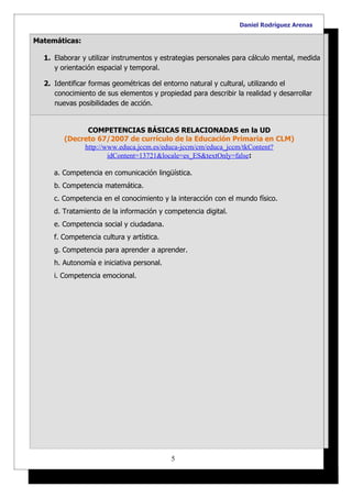 Daniel Rodríguez Arenas

Matemáticas:

  1. Elaborar y utilizar instrumentos y estrategias personales para cálculo mental, medida
     y orientación espacial y temporal.

  2. Identificar formas geométricas del entorno natural y cultural, utilizando el
     conocimiento de sus elementos y propiedad para describir la realidad y desarrollar
     nuevas posibilidades de acción.


              COMPETENCIAS BÁSICAS RELACIONADAS en la UD
        (Decreto 67/2007 de currículo de la Educación Primaria en CLM)
             http://www.educa.jccm.es/educa-jccm/cm/educa_jccm/tkContent?
                     idContent=13721&locale=es_ES&textOnly=false:

     a. Competencia en comunicación lingüística.
     b. Competencia matemática.
     c. Competencia en el conocimiento y la interacción con el mundo físico.
     d. Tratamiento de la información y competencia digital.
     e. Competencia social y ciudadana.
     f. Competencia cultura y artística.
     g. Competencia para aprender a aprender.
     h. Autonomía e iniciativa personal.
     i. Competencia emocional.




                                           5
 