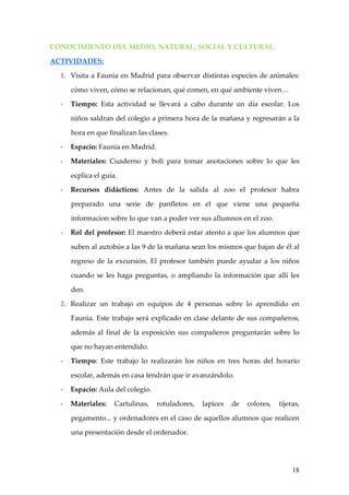 CONOCIMIENTO DEL MEDIO, NATURAL, SOCIAL Y CULTURAL.

ACTIVIDADES:

  1. Visita a Faunia en Madrid para observar distintas especies de animales:

      cómo viven, cómo se relacionan, qué comen, en qué ambiente viven…

  -   Tiempo: Esta actividad se llevará a cabo durante un día escolar. Los

      niños saldran del colegio a primera hora de la mañana y regresarán a la

      hora en que finalizan las clases.

  -   Espacio: Faunia en Madrid.

  -   Materiales: Cuaderno y boli para tomar anotaciones sobre lo que les

      ecplica el guía.

  -   Recursos didácticos: Antes de la salida al zoo el profesor habra

      preparado una serie de panfletos en el que viene una pequeña

      informacion sobre lo que van a poder ver sus allumnos en el zoo.

  -   Rol del profesor: El maestro deberá estar atento a que los alumnos que

      suben al autobús a las 9 de la mañana sean los mismos que bajan de él al

      regreso de la excursión. El profesor también puede ayudar a los niños

      cuando se les haga preguntas, o ampliando la información que allí les

      den.

  2. Realizar un trabajo en equipos de 4 personas sobre lo aprendido en

      Faunia. Este trabajo será explicado en clase delante de sus compañeros,

      además al final de la exposición sus compañeros preguntarán sobre lo

      que no hayan entendido.

  -   Tiempo: Este trabajo lo realizarán los niños en tres horas del horario

      escolar, además en casa tendrán que ir avanzándolo.

  -   Espacio: Aula del colegio.

  -   Materiales:    Cartulinas,   rotuladores,   lapices   de   colores,   tijeras,

      pegamento... y ordenadores en el caso de aquellos alumnos que realicen

      una presentación desde el ordenador.




                                                                                 18
 