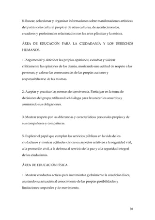 8. Buscar, seleccionar y organizar informaciones sobre manifestaciones artísticas

del patrimonio cultural propio y de otras culturas, de acontecimientos,

creadores y profesionales relacionados con las artes plásticas y la música.


ÁREA DE EDUCACIÓN PARA LA CIUDADANÍA Y LOS DERECHOS

HUMANOS.


1. Argumentar y defender las propias opiniones; escuchar y valorar

críticamente las opiniones de los demás, mostrando una actitud de respeto a las

personas; y valorar las consecuencias de las propias acciones y

responsabilizarse de las mismas.



2. Aceptar y practicar las normas de convivencia. Participar en la toma de

decisiones del grupo, utilizando el diálogo para favorecer los acuerdos y

asumiendo sus obligaciones.



3. Mostrar respeto por las diferencias y características personales propias y de

sus compañeros y compañeras.



5. Explicar el papel que cumplen los servicios públicos en la vida de los

ciudadanos y mostrar actitudes cívicas en aspectos relativos a la seguridad vial,

a la protección civil, a la defensa al servicio de la paz y a la seguridad integral

de los ciudadanos.


ÁREA DE EDUCACIÓN FÍSICA.


1. Mostrar conductas activas para incrementar globalmente la condición física,

ajustando su actuación al conocimiento de las propias posibilidades y

limitaciones corporales y de movimiento.




                                                                                      30
 
