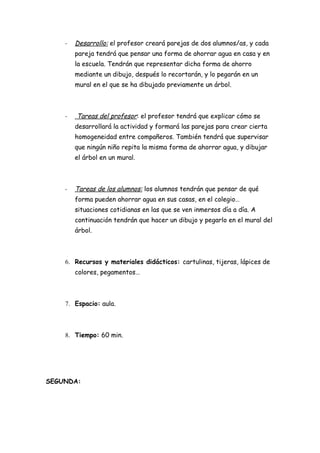 -   Desarrollo: el profesor creará parejas de dos alumnos/as, y cada
        pareja tendrá que pensar una forma de ahorrar agua en casa y en
        la escuela. Tendrán que representar dicha forma de ahorro
        mediante un dibujo, después lo recortarán, y lo pegarán en un
        mural en el que se ha dibujado previamente un árbol.



    -   Tareas del profesor: el profesor tendrá que explicar cómo se
        desarrollará la actividad y formará las parejas para crear cierta
        homogeneidad entre compañeros. También tendrá que supervisar
        que ningún niño repita la misma forma de ahorrar agua, y dibujar
        el árbol en un mural.



    -   Tareas de los alumnos: los alumnos tendrán que pensar de qué
        forma pueden ahorrar agua en sus casas, en el colegio…
        situaciones cotidianas en las que se ven inmersos día a día. A
        continuación tendrán que hacer un dibujo y pegarlo en el mural del
        árbol.



    6. Recursos y materiales didácticos: cartulinas, tijeras, lápices de
        colores, pegamentos…



    7. Espacio: aula.



    8. Tiempo: 60 min.




SEGUNDA:
 