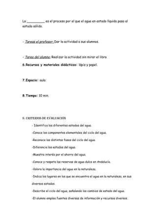 La _________ es el proceso por el que el agua en estado líquido pasa al
estado sólido.



- Tareas el profesor: Dar la actividad a sus alumnos.



- Tarea del alumno: Realizar la actividad sin mirar el libro.

6.Recursos y materiales didácticos: lápiz y papel.



7.Espacio: aula



8.Tiempo: 10 min.




6. crIterIos de evaluacIón

      - Identifica los diferentes estados del agua.

      -Conoce los componentes elementales del ciclo del agua.

      -Reconoce las distintas fases del ciclo del agua.

      -Diferencia los estados del agua.

      -Muestra interés por el ahorro del agua.

      -Conoce y respeta las reservas de agua dulce en Andalucía.

      -Valora la importancia del agua en la naturaleza.

      -Indica los lugares en los que se encuentra el agua en la naturaleza, en sus

      diversos estados.

      -Describe el ciclo del agua, señalando los cambios de estado del agua.

      -El alumno emplea fuentes diversas de información y recursos diversos.
 