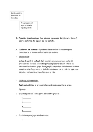 Condensación y
formación de
las nubes

            Precipitación del
            agua en estado
            líquido y sólido




      3. Pequeñas investigaciones (por ejemplo con ayuda de internet, libros…)
          acerca del ciclo del agua y de sus estados.




      4. Cuadernos de alumnos: el profesor debe revisar el cuaderno para
          comprobar si el alumno realiza las tareas a diario.

      -   Observación:

          Listas de control o check-list: consiste en enumerar por parte del
          profesor una serie de conductas para comprobar si se dan o no en un
          determinado alumno o grupo. Por ejemplo, comprobar si el alumno o alumnos
          muestran interés por conocer todo lo relacionado con el ciclo del agua, sus
          estados… y si valora su importancia en la vida.




      -   Técnicas sociométricas:

          Test sociométrico: el profesor planteará unas preguntas al grupo.

          Ejemplo:

      o   Elegimos para que forme parte de nuestro grupo a:

             1

             2

             3

             4

      o   Preferimos para jugar en el recreo a:

             1
 
