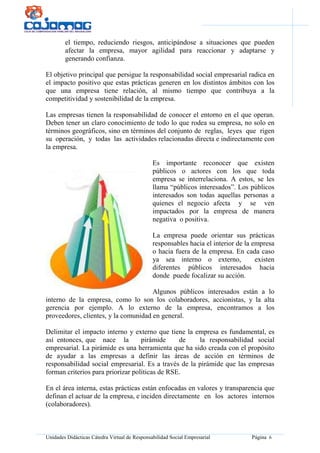 Unidades Didácticas Cátedra Virtual de Responsabilidad Social Empresarial Página 6
el tiempo, reduciendo riesgos, anticipándose a situaciones que pueden
afectar la empresa, mayor agilidad para reaccionar y adaptarse y
generando confianza.
El objetivo principal que persigue la responsabilidad social empresarial radica en
el impacto positivo que estas prácticas generen en los distintos ámbitos con los
que una empresa tiene relación, al mismo tiempo que contribuya a la
competitividad y sostenibilidad de la empresa.
Las empresas tienen la responsabilidad de conocer el entorno en el que operan.
Deben tener un claro conocimiento de todo lo que rodea su empresa, no solo en
términos geográficos, sino en términos del conjunto de reglas, leyes que rigen
su operación, y todas las actividades relacionadas directa e indirectamente con
la empresa.
Es importante reconocer que existen
públicos o actores con los que toda
empresa se interrelaciona. A estos, se les
llama “públicos interesados”. Los públicos
interesados son todas aquellas personas a
quienes el negocio afecta y se ven
impactados por la empresa de manera
negativa o positiva.
La empresa puede orientar sus prácticas
responsables hacia el interior de la empresa
o hacia fuera de la empresa. En cada caso
ya sea interno o externo, existen
diferentes públicos interesados hacia
donde puede focalizar su acción.
Algunos públicos interesados están a lo
interno de la empresa, como lo son los colaboradores, accionistas, y la alta
gerencia por ejemplo. A lo externo de la empresa, encontramos a los
proveedores, clientes, y la comunidad en general.
Delimitar el impacto interno y externo que tiene la empresa es fundamental, es
así entonces, que nace la pirámide de la responsabilidad social
empresarial. La pirámide es una herramienta que ha sido creada con el propósito
de ayudar a las empresas a definir las áreas de acción en términos de
responsabilidad social empresarial. Es a través de la pirámide que las empresas
forman criterios para priorizar políticas de RSE.
En el área interna, estas prácticas están enfocadas en valores y transparencia que
definan el actuar de la empresa, e inciden directamente en los actores internos
(colaboradores).
 