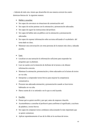 - Además de todo esto, tienen que desarrollar de una manera correcta las cuatro
destrezas básicas de la siguiente manera:


Hablar y escuchar:

 Ser capaz de convencer en situaciones de comunicación oral.
 Ser capaz de recitar poemas con la entonación y pronunciación adecuadas.
 Ser capaz de seguir las instrucciones del profesor.
 Ser capaz de hablar ante un público con la entonación y pronunciación
adecuadas.
 Ser capaz de exponer información sobre un tema utilizando el vocabulario del
tema dado en clase.
 Mantener una conversación con otras personas de la manera más clara y educada
posible.


Leer:

 Localizar en una narración la información suficiente para responder las
preguntas que se plantean.
 Leer un cuento con la intención de disfrutar de la lectura o de obtener
información concreta.
 Mantener la entonación, pronunciación y ritmo adecuados en la lectura de textos
en voz alta.
 Interpretar y comprender textos breves para mejorar la competencia
comunicativa.
 Procurar una adecuada entonación y pronunciación cuando se leen textos
habituales en voz alta.
 Darse cuenta de si se entiende o no lo que se está leyendo.


Escribir:

 Pensar qué se quiere escribir y por qué, antes de empezar a hacerlo.
 Acostumbrarse a consultar al profesor/a para confirmar el significado y escritura
de palabras y textos breves.
 Ser capaz de componer textos cotidianos seleccionando lo más importante que
se quiere comunicar.
 Aplicar espontáneamente el uso de la tilde en la escritura de textos.
10

 