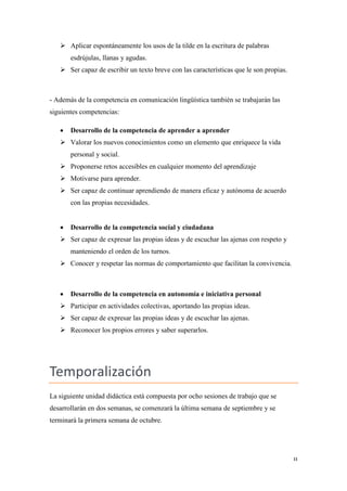  Aplicar espontáneamente los usos de la tilde en la escritura de palabras
esdrújulas, llanas y agudas.
 Ser capaz de escribir un texto breve con las características que le son propias.

- Además de la competencia en comunicación lingüística también se trabajarán las
siguientes competencias:


Desarrollo de la competencia de aprender a aprender

 Valorar los nuevos conocimientos como un elemento que enriquece la vida
personal y social.
 Proponerse retos accesibles en cualquier momento del aprendizaje
 Motivarse para aprender.
 Ser capaz de continuar aprendiendo de manera eficaz y autónoma de acuerdo
con las propias necesidades.


Desarrollo de la competencia social y ciudadana

 Ser capaz de expresar las propias ideas y de escuchar las ajenas con respeto y
manteniendo el orden de los turnos.
 Conocer y respetar las normas de comportamiento que facilitan la convivencia.



Desarrollo de la competencia en autonomía e iniciativa personal

 Participar en actividades colectivas, aportando las propias ideas.
 Ser capaz de expresar las propias ideas y de escuchar las ajenas.
 Reconocer los propios errores y saber superarlos.

Temporalización
La siguiente unidad didáctica está compuesta por ocho sesiones de trabajo que se
desarrollarán en dos semanas, se comenzará la última semana de septiembre y se
terminará la primera semana de octubre.

11

 