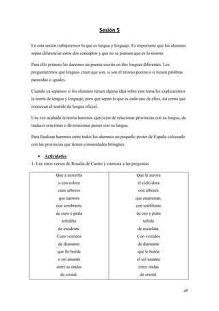 Sesión 5
En esta sesión trabajaremos lo que es lengua y lenguaje. Es importante que los alumnos
sepan diferenciar estos dos conceptos y que no se piensen que es lo mismo.
Para ello primero les daremos un poema escrito en dos lenguas diferentes. Les
preguntaremos qué lenguas creen que son, si son él mismo poema o si tienen palabras
parecidas o iguales.
Cuando ya sepamos si los alumnos tienen alguna idea sobre este tema les explicaremos
la teoría de lengua y lenguaje, para que sepan lo que es cada uno de ellos, así como que
conozcan el sentido de lengua oficial.
Una vez acabada la teoría haremos ejercicios de relacionar provincias con su lengua, de
traducir oraciones o de relacionar países con su lengua.
Para finalizar haremos entre todos los alumnos un pequeño poster de España coloreado
con las provincias que tienen comunidades bilingües.


Actividades

1- Lee estos versos de Rosalía de Castro y contesta a las preguntas:
Que a auroriña

Que la aurora

o ceu colora

el cielo dora

cuns arbores

con albores

que namora

que enamoran,

cun sembrante

con semblante

de ouro e prata

de oro y plata

teñidiño

teñido

de escalrata.

de escarlata.

Cuns vestidos

Con vestidos

de diamante

de diamante

que lle borda

que le borda

o sol amante

el sol amante

antre as ondas

entre ondas

de cristal.

de cristal.

28

 