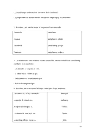 - ¿En qué lengua están escritos los versos de la izquierda?
- ¿Qué palabras del poema anterior son iguales en gallego y en castellano?

2- Relaciona cada provincia con la lengua que le corresponda:
Pontevedra

castellano

Vizcaya

castellano y catalán

Valladolid

castellano y gallego

Tarragona

castellano y euskera

3- Lee atentamente estos refranes escritos en catalán. Intenta traducirlos al castellano y
escríbelos en tu cuaderno:
- Les paraules se les porta el vent.
- El febrer busca l'ombra el gos.
- En boca tancada no entren mosques.
- Buscar els tres peus al gat.
4- Relaciona, en tu cuaderno, la lengua con el país al que pertenece:
The capital city of my country is...

Portugal

La capital de mi país es...

Inglaterra

A capital do meu país é...

Francia

La capitale de mon pays est...

España

La capitale del mio paese é...

Italia
29

 