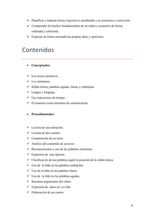  Planificar y redactar textos expositivos atendiendo a su estructura y corrección.
 Comprender los hechos fundamentales de un relato y resumirlo de forma
ordenada y coherente.
 Expresar de forma razonada las propias ideas y opiniones.

Contenidos


Conceptuales:

 Los textos narrativos.
 Los sinónimos.
 Sílaba tónica; palabras agudas, llanas y esdrújulas.
 Lengua y lenguaje.
 Las expresiones de tiempo.
 El resumen como elemento de comunicación.


Procedimentales:

 Lectura de una narración.
 Lectura de dos cuentos
 Comprensión de un texto
 Análisis del contenido de un texto
 Reconocimiento y uso de las palabras sinónimas.
 Expresión de una opinión.
 Clasificación de las palabras según la posición de la sílaba tónica.
 Uso de la tilde en las palabras esdrújulas.
 Uso de la tilde en las palabras llanas.
 Uso de la tilde en las palabras agudas.
 Resumen argumentar del relato.
 Expresión de ideas en voz alta.
 Elaboración de un cuento.

8

 