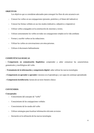 OBJETIVOS
Los objetivos que se consideran adecuados para conseguir los fines de esta secuencia son:
-

Conocer los verbos en sus conjugaciones (presente, pretéritos y el futuro del indicativo)

-

Conocer las formas verbales en sus tres modos (indicativo, subjuntivo e imperativo)

-

Utilizar verbos conjugados en la construcción de oraciones y textos.

-

Utilizar correctamente los verbos en todas sus conjugaciones simples en la vida cotidiana

-

Formar y escribir verbos en las redacciones.

-

Utilizar los verbos en conversaciones con otras personas.

-

Utilizar el diccionario habitualmente

COMPETÉNCIAS BÁSICAS
- Competencia en comunicación lingüística: comprender y saber comunicar las características
gramaticales y morfológicas del verbo
- Tratamiento de la información y competencia digital: saber utilizar las nuevas tecnologías
- Competencia en aprender a aprender: iniciarse en el aprendizaje y ser capaz de continuar aprendiendo
- Competencia lectoliteraria: lectura de un texto literario clásico

CONTENIDOS
Conceptuales
-

Conocimiento del concepto de “verbo”

-

Conocimiento de las conjugaciones verbales

-

Conocimiento de los modos del verbo

-

Utilizar estrategias para localizar información relevante en textos

-

Iniciación en la utilización de las nuevas tecnologías
4

 