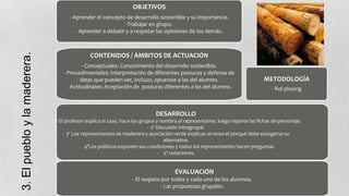 OBJETIVOS

3. El pueblo y la maderera.

- Aprender el concepto de desarrollo sostenible y su importancia.
-Trabajar en grupo.
- Aprender a debatir y a respetar las opiniones de los demás.

CONTENIDOS / ÁMBITOS DE ACTUACIÓN
- Conceptuales: Conocimiento del desarrollo sostenible.
- Procedimentales: Interpretación de diferentes posturas y defensa de
ideas que pueden ser, incluso, opuestas a las del alumno.
- Actitudinales: Aceptación de posturas diferentes a las del alumno.

METODOLOGÍA
- Rol playing

DESARROLLO
- 1º El profesor explica el caso, hace los grupos y nombra al representante, luego reparte las fichas de personaje.
- 2º Discusión intragrupal.
.
- 3º Los representantes de maderera y asociación verde explican al resto el porqué debe escogerse su
alternativa.
- 4ºLos políticos exponen sus condiciones y todos los representantes hacen preguntas
- 5º votaciones.

EVALUACIÓN
- El respeto por todos y cada uno de los alumnos.
- Las propuestas grupales.

 