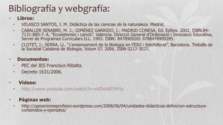 Bibliografía y webgrafía:
Libros:

•
•
•

•

VELASCO SANTOS, J. M. Didáctica de las ciencias de la naturaleza. Madrid.
CABALLER SENABRE, M. J.; GIMÉNEZ GARRIDO, I.; MADRID CONESA, Ed. Editex. 2002. ISBN.847131-885-7. A. “Ecosistemes i canvis”. Valencia. Direcció General d'Ordenació i Innovació Educativa,
Servei de Programes Curriculars D.L. 1993. ISBN: 8478909281 9788478909285.
CLOTET, J.; SERRA, LL. “L’ensenyament de la Biologia en l’ESO i Batchillerat”. Barcelona. Treballs de
la Societat Catalana de Biologia. Volum 57. 2006. ISBN 0212-3037.

•

Documentos:
• PEC del IES Francisco Ribalta.
• Decreto 1631/2006.

•

Vídeos:
• http://www.youtube.com/watch?v=xVDeW074Ylo
Páginas web:

•
•

http://oposicionesprofesor.wordpress.com/2008/06/04/unidades-didacticas-definicion-estructuracontenidos-y-ejemplos/

 