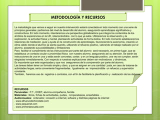 METODOLOGÍA Y RECURSOS
La metodología que vamos a seguir en nuestra intervención estará conectada en todo momento con una serie de
principios generales: partiremos del nivel de desarrollo del alumno, asegurando aprendizajes significativos y
constructivos. En todo momento, intentaremos una perspectiva globalizadora que integre los contenidos de los
ámbitos de experiencias en la UD, relacionándolos con lo que ya sabe. Utilizaremos la observación y la
exploración, la actividad física y mental, planteando actividades de forma lúdica. En todo momento estableceremos
relaciones de mediación, guía y ayuda en la construcción de aprendizajes, favoreciendo la autonomía, creando un
clima cálido donde el alumno se sienta querido, utilizando el refuerzo positivo, valorando el trabajo realizado por el
alumno, aceptando sus posibilidades y limitaciones
Para facilitar el cumplimiento de las instrucciones por parte del alumno será necesario, en primer lugar, que se
establezca un contacto ocular o proximidad física con nuestro alumno, asegurando así su atención. Se darán las
instrucciones de una en una y estás serán concretas, cortas y en un lenguaje positivo, una vez se cumplan, serán
elogiadas inmediatamente. Con respecto a nuestras explicaciones deben ser motivadoras y dinámicas.
Es importante que este organizadas y que nos aseguremos de la comprensión por parte del alumno.
Las tareas deben tener un formato simple y claro, y que se asignen en una cantidad justa, en caso de tratarse de
actividades largas, sería conveniente fragmentarlas. Igualmente es imprescindible un refuerzo y supervisión
constante.
También, haremos uso de registros o contratos, con el fin de facilitarle la planificación y realización de los deberes.
RECURSOS
Personales: P.T., EOEP, alumno-compañeros, familia
Materiales: libros, fichas de actividades, puzles, rompecabezas, ensartables …
Audiovisuales: ordenador, conexión a internet, sofware y distintas páginas de internet
. www.elhuevodechocolate.com
. www.pequenet.com
. www.primeraescuela.com
 