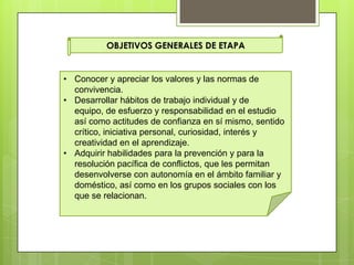 OBJETIVOS GENERALES DE ETAPA
• Conocer y apreciar los valores y las normas de
convivencia.
• Desarrollar hábitos de trabajo individual y de
equipo, de esfuerzo y responsabilidad en el estudio
así como actitudes de confianza en sí mismo, sentido
crítico, iniciativa personal, curiosidad, interés y
creatividad en el aprendizaje.
• Adquirir habilidades para la prevención y para la
resolución pacífica de conflictos, que les permitan
desenvolverse con autonomía en el ámbito familiar y
doméstico, así como en los grupos sociales con los
que se relacionan.
 