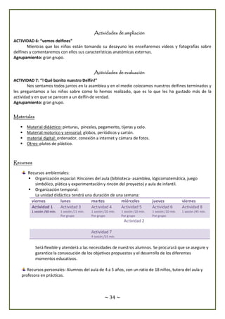 ~ 34 ~
Actividades de ampliación
ACTIVIDAD 6: “vemos delfines”
Mientras que los niños están tomando su desayuno les enseñaremos videos y fotografías sobre
delfines y comentaremos con ellos sus características anatómicas externas.
Agrupamiento: gran grupo.
Actividades de evaluación
ACTIVIDAD 7: “! Qué bonito nuestro Delfín!”
Nos sentamos todos juntos en la asamblea y en el medio colocamos nuestros delfines terminados y
les preguntamos a los niños sobre como lo hemos realizado, que es lo que les ha gustado más de la
actividad y en que se parecen a un delfín de verdad.
Agrupamiento: gran grupo.
Materiales
 Material didáctico: pinturas, pinceles, pegamento, tijeras y celo.
 Material motorico y sensorial: globos, periódicos y cartón.
 material digital: ordenador, conexión a internet y cámara de fotos.
 Otros: platos de plástico.
Recursos
Recursos ambientales:
 Organización espacial: Rincones del aula (biblioteca- asamblea, lógicomatemática, juego
simbólico, plática y experimentación y rincón del proyecto) y aula de infantil.
 Organización temporal:
La unidad didáctica tendrá una duración de una semana:
viernes lunes martes miércoles jueves viernes
Actividad 1
1 sesión /60 min.
Actividad 3
1 sesión /15 min.
Por grupo
Actividad 4
1 sesión /20 min.
Por grupo
Actividad 5
1 sesión /20 min.
Por grupo
Actividad 6
1 sesión /20 min.
Por grupo
Actividad 8
1 sesión /45 min.
Actividad 2
Actividad 7
4 sesión /15 min.
Será flexible y atenderá a las necesidades de nuestros alumnos. Se procurará que se asegure y
garantice la consecución de los objetivos propuestos y el desarrollo de los diferentes
momentos educativos.
Recursos personales: Alumnos del aula de 4 a 5 años, con un ratio de 18 niños, tutora del aula y
profesora en prácticas.
 