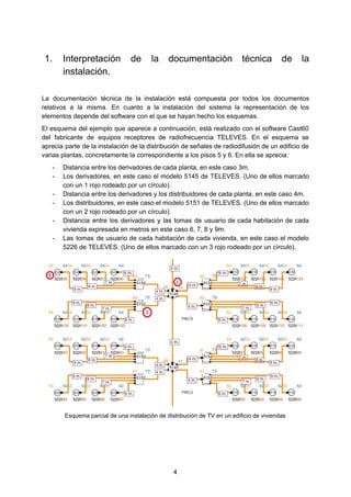 1. Interpretación de la documentación técnica de la
instalación.
La documentación técnica de la instalación está compuesta por todos los documentos
relativos a la misma. En cuanto a la instalación del sistema la representación de los
elementos depende del software con el que se hayan hecho los esquemas.
El esquema del ejemplo que aparece a continuación, está realizado con el software Cast60
del fabricante de equipos receptores de radiofrecuencia TELEVES. En el esquema se
aprecia parte de la instalación de la distribución de señales de radiodifusión de un edificio de
varias plantas, concretamente la correspondiente a los pisos 5 y 6. En ella se aprecia:
- Distancia entre los derivadores de cada planta, en este caso 3m.
- Los derivadores, en este caso el modelo 5145 de TELEVES. (Uno de ellos marcado
con un 1 rojo rodeado por un círculo).
- Distancia entre los derivadores y los distribuidores de cada planta, en este caso 4m.
- Los distribuidores, en este caso el modelo 5151 de TELEVES. (Uno de ellos marcado
con un 2 rojo rodeado por un círculo).
- Distancia entre los derivadores y las tomas de usuario de cada habitación de cada
vivienda expresada en metros en este caso 6, 7, 8 y 9m.
- Las tomas de usuario de cada habitación de cada vivienda, en este caso el modelo
5226 de TELEVES. (Uno de ellos marcado con un 3 rojo rodeado por un círculo).
Esquema parcial de una instalación de distribución de TV en un edificio de viviendas
4
 