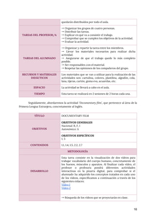  
Seguidamente, abordaremos la actividad ‘​Documentary film’​, que pertenece al área de la
                       
Primera Lengua Extranjera, concretamente al Inglés. 
 
16
quedarán distribuidos por todo el aula. 
 
 
TAREAS DEL PROFESOR/A 
→ Organizar los grupos de cuatro personas. 
→ Distribuir las tareas. 
→ Explicar en qué va a consistir el trabajo. 
→ Comprobar que se cumplen los objetivos de la actividad. 
→ Evaluar la actividad. 
 
 
 
TAREAS DEL ALUMNADO 
→ Organizar y repartir la tarea entre los miembros. 
→ Llevar los materiales necesarios para realizar dicha
               
actividad. 
→ Asegurarse de que el trabajo quede lo más completo
                   
posible. 
→ Ser responsables con el material. 
→ Respetar las opiniones de los compañeros del grupo. 
RECURSOS Y MATERIALES 
DIDÁCTICOS 
Los materiales que se van a utilizar para la realización de las
                       
actividades son: cartulina, colores, plastilina, algodón, cola,
             
lana, tijeras, cartón, goma eva, acuarelas, etc. 
ESPACIO  La actividad se llevará a cabo en el aula. 
TIEMPO  Esta tarea se realizará en 2 sesiones de 2 horas cada una. 
TÍTULO  DOCUMENTARY FILM 
 
 
OBJETIVOS 
OBJETIVOS GENERALES 
Nacional​: B, F, I 
Autonómico​: A 
OBJETIVOS ESPECÍFICOS 
1, 5 
CONTENIDOS  1.1, 1.4, 1.5, 2.2, 2.7 
METODOLOGÍA 
 
 
 
 
DESARROLLO 
Esta tarea consiste en la visualización de dos vídeos para
                   
trabajar vocabulario del cuerpo humano, concretamente de
             
los huesos, músculos y aparatos. Al finalizar cada vídeo, el
                   
profesor o profesora pondrá diferentes actividades
           
interactivas en la pizarra digital, para comprobar si el
                 
alumnado ha adquirido los conceptos tratados en cada uno
                 
de los vídeos, especificamos a continuación a través de los
                   
siguientes enlaces: 
Vídeo 1 
Vídeo 2 
 
  → Búsqueda de los vídeos que se proyectarán en clase. 
 