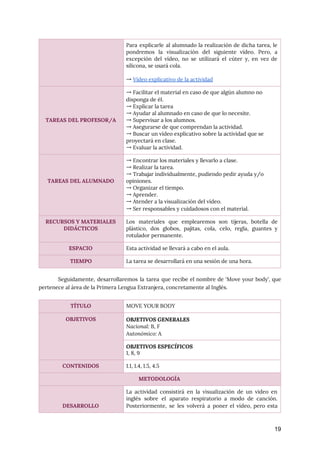 
Seguidamente, desarrollaremos la tarea que recibe el nombre de ‘Move your body’, que
                         
pertenece al área de la Primera Lengua Extranjera, concretamente al Inglés. 
 
19
Para explicarle al alumnado la realización de dicha tarea, le
                   
pondremos la visualización del siguiente vídeo. Pero, a
               
excepción del vídeo, no se utilizará el cúter y, en vez de
                       
silicona, se usará cola. 
 
→ ​Vídeo explicativo de la actividad 
 
 
 
 
TAREAS DEL PROFESOR/A 
→ Facilitar el material en caso de que algún alumno no 
disponga de él. 
→ Explicar la tarea 
→ Ayudar al alumnado en caso de que lo necesite. 
→ Supervisar a los alumnos. 
→ Asegurarse de que comprendan la actividad. 
→ Buscar un vídeo explicativo sobre la actividad que se 
proyectará en clase. 
→ Evaluar la actividad. 
 
 
 
TAREAS DEL ALUMNADO 
→ Encontrar los materiales y llevarlo a clase. 
→ Realizar la tarea. 
→ Trabajar individualmente, pudiendo pedir ayuda y/o 
opiniones. 
→ Organizar el tiempo. 
→ Aprender. 
→ Atender a la visualización del vídeo. 
→ Ser responsables y cuidadosos con el material. 
RECURSOS Y MATERIALES 
DIDÁCTICOS 
Los materiales que emplearemos son tijeras, botella de
               
plástico, dos globos, pajitas, cola, celo, regla, guantes y
                 
rotulador permanente. 
ESPACIO  Esta actividad se llevará a cabo en el aula. 
TIEMPO  La tarea se desarrollará en una sesión de una hora. 
TÍTULO  MOVE YOUR BODY 
OBJETIVOS  OBJETIVOS GENERALES 
Nacional: ​B, F 
Autonómico: ​A 
OBJETIVOS ESPECÍFICOS 
1, 8, 9 
CONTENIDOS  1.1, 1.4, 1.5, 4.5 
METODOLOGÍA 
 
 
DESARROLLO 
La actividad consistirá en la visualización de un video en
                   
inglés sobre el aparato respiratorio a modo de canción.
                 
Posteriormente, se les volverá a poner el vídeo, pero esta
                   
 