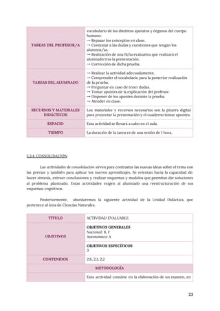  
 
 
5.3.4. CONSOLIDACIÓN 
 
Las actividades de consolidación sirven para contrastar las nuevas ideas sobre el tema con
                           
las previas y también para aplicar los nuevos aprendizajes. Se orientan hacia la capacidad de:
                             
hacer síntesis, extraer conclusiones y realizar esquemas y modelos que permitan dar soluciones
                         
al problema planteado. Estas actividades exigen al alumnado una reestructuración de sus
                       
esquemas cognitivos. 
 
Posteriormente, abordaremos la siguiente actividad de la Unidad Didáctica, que
                   
pertenece al área de Ciencias Naturales. 
 
23
 
 
 
TAREAS DEL PROFESOR/A 
vocabulario de los distintos aparatos y órganos del cuerpo 
humano. 
→ Repasar los conceptos en clase. 
→ Contestar a las dudas y cuestiones que tengan los 
alumnos/as. 
→ Realización de una ficha evaluativa que realizará el 
alumnado tras la presentación. 
→ Corrección de dicha prueba. 
 
 
TAREAS DEL ALUMNADO 
→ Realizar la actividad adecuadamente. 
→ Comprender el vocabulario para la posterior realización 
de la prueba. 
→ Preguntar en caso de tener dudas. 
→ Tomar apuntes de la explicación del profesor. 
→ Disponer de los apuntes durante la prueba. 
→ Atender en clase. 
RECURSOS Y MATERIALES 
DIDÁCTICOS 
Los materiales y recursos necesarios son la pizarra digital
                 
para proyectar la presentación y el cuaderno tomar apuntes. 
ESPACIO  Esta actividad se llevará a cabo en el aula. 
TIEMPO  La duración de la tarea es de una sesión de 1 hora. 
TÍTULO  ACTIVIDAD EVALUABLE 
 
 
OBJETIVOS 
OBJETIVOS GENERALES 
Nacional: ​B, F 
Autonómico: ​A 
OBJETIVOS ESPECÍFICOS 
3 
CONTENIDOS  2.6, 2.1, 2.2 
METODOLOGÍA 
  Esta actividad consiste en la elaboración de un examen, en
                   
 
