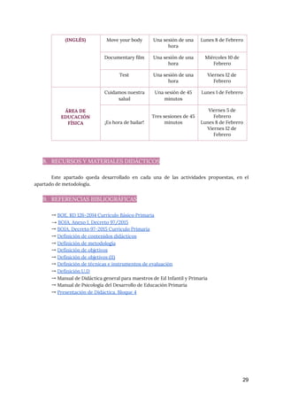  
 
8. RECURSOS Y MATERIALES DIDÁCTICOS 
 
Este apartado queda desarrollado en cada una de las actividades propuestas, en el
                         
apartado de metodología. 
 
9. REFERENCIAS BIBLIOGRÁFICAS 
 
→ ​BOE. RD 126-2014 Currículo Básico Primaria
→ ​BOJA. Anexo 1. Decreto 97/2015 
→ ​BOJA. Decreto 97-2015 Curriculo Primaria 
→ ​Definición de contenidos didácticos 
→ ​Definición de metodología 
→ ​Definición de objetivos 
→ ​Definición de objetivos (II) 
→ ​Definición de técnicas e instrumentos de evaluación 
→ ​Definición U.D 
→ Manual de Didáctica general para maestros de Ed Infantil y Primaria 
→ Manual de Psicología del Desarrollo de Educación Primaria 
→ ​Presentación de Didáctica. Bloque 4  
 
 
 
 
 
 
 
 
29
(INGLÉS)  Move your body  Una sesión de una 
hora 
Lunes 8 de Febrero 
Documentary film  Una sesión de una 
hora 
Miércoles 10 de 
Febrero 
Test  Una sesión de una 
hora 
Viernes 12 de 
Febrero 
 
 
 
ÁREA DE 
EDUCACIÓN 
FÍSICA 
Cuidamos nuestra 
salud 
Una sesión de 45 
minutos 
Lunes 1 de Febrero 
 
 
¡Es hora de bailar! 
 
Tres sesiones de 45 
minutos 
Viernes 5 de 
Febrero  
Lunes 8 de Febrero 
Viernes 12 de 
Febrero 
 
