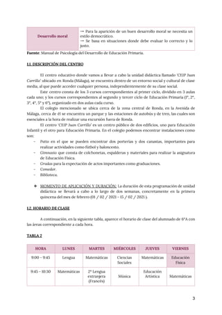 Fuente​: Manual de Psicología del Desarrollo de Educación Primaria. 
 
1.1. DESCRIPCIÓN DEL CENTRO 
 
El centro educativo donde vamos a llevar a cabo la unidad didáctica llamado ​‘CEIP Juan
                             
Carrillo​’ ubicado en Ronda (Málaga), se encuentra dentro de un entorno social y cultural de clase
                               
media, al que puede acceder cualquier persona, independientemente de su clase social.  
Este centro consta de los 3 cursos correspondientes al primer ciclo, dividido en 3 aulas
                             
cada uno; y los cursos correspondientes al segundo y tercer ciclo de Educación Primaria (1°, 2°,
                               
3°, 4°, 5° y 6°), organizado en dos aulas cada curso.  
El colegio mencionado se ubica cerca de la zona central de Ronda, en la Avenida de
                               
Málaga, cerca de él se encuentra un parque y las estaciones de autobús y de tren, las cuales son
                                     
esenciales a la hora de realizar una excursión fuera de Ronda. 
El centro ‘​CEIP Juan Carrillo’ ​es un centro público de dos edificios, uno para Educación
                             
Infantil y el otro para Educación Primaria. En el colegio podemos encontrar instalaciones como
                           
son: 
- Patio ​en el que se pueden encontrar dos porterías y dos canastas, importantes para
                           
realizar actividades como fútbol y baloncesto.   
- Gimnasio ​que consta de colchonetas, espalderas y materiales para realizar la asignatura
                       
de Educación Física. 
- Gradas ​para la expectación de actos importantes como graduaciones. 
- Comedor​. 
- Biblioteca​. 
 
❖ MOMENTO DE APLICACIÓN Y DURACIÓN: La duración de esta programación de unidad
                       
didáctica se llevará a cabo a lo largo de dos semanas, concretamente en la primera
                             
quincena del mes de febrero (01 / 02 / 2021 - 15 / 02 / 2021 ). 
 
1.2. HORARIO DE CLASE 
 
A continuación, en la siguiente tabla, aparece el horario de clase del alumnado de 6ºA con
                               
las áreas correspondiente a cada hora. 
 
TABLA 2 
 
3
 
Desarrollo moral 
→ Para la aparición de un buen desarrollo moral se necesita un
                       
estilo democrático. 
→ Se basa en situaciones donde debe evaluar lo correcto y lo
                       
justo. 
HORA  LUNES  MARTES  MIÉRCOLES  JUEVES  VIERNES 
9:00 - 9:45  Lengua  Matemáticas  Ciencias 
Sociales 
Matemáticas  Educación 
Física 
9:45 - 10:30  Matemáticas  2ª Lengua 
extranjera 
(Francés) 
 
Música 
Educación 
Artística 
 
Matemáticas 
 