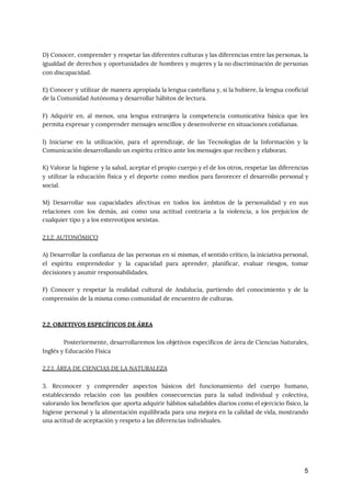  
D) Conocer, comprender y respetar las diferentes culturas y las diferencias entre las personas, la
                             
igualdad de derechos y oportunidades de hombres y mujeres y la no discriminación de personas
                             
con discapacidad. 
 
E) Conocer y utilizar de manera apropiada la lengua castellana y, si la hubiere, la lengua cooficial
                                 
de la Comunidad Autónoma y desarrollar hábitos de lectura. 
 
F) Adquirir en, al menos, una lengua extranjera la competencia comunicativa básica que les
                           
permita expresar y comprender mensajes sencillos y desenvolverse en situaciones cotidianas. 
 
I) Iniciarse en la utilización, para el aprendizaje, de las Tecnologías de la Información y la
                               
Comunicación desarrollando un espíritu crítico ante los mensajes que reciben y elaboran. 
 
K) Valorar la higiene y la salud, aceptar el propio cuerpo y el de los otros, respetar las diferencias
                                     
y utilizar la educación física y el deporte como medios para favorecer el desarrollo personal y
                               
social. 
 
M) Desarrollar sus capacidades afectivas en todos los ámbitos de la personalidad y en sus
                             
relaciones con los demás, así como una actitud contraria a la violencia, a los prejuicios de
                               
cualquier tipo y a los estereotipos sexistas. 
 
2.1.2. AUTONÓMICO 
 
A) Desarrollar la confianza de las personas en sí mismas, el sentido crítico, la iniciativa personal,
                               
el espíritu emprendedor y la capacidad para aprender, planificar, evaluar riesgos, tomar
                       
decisiones y asumir responsabilidades. 
 
F) Conocer y respetar la realidad cultural de Andalucía, partiendo del conocimiento y de la
                             
comprensión de la misma como comunidad de encuentro de culturas. 
 
 
2.2. OBJETIVOS ESPECÍFICOS DE ÁREA 
 
Posteriormente, desarrollaremos los objetivos específicos de área de Ciencias Naturales,
                   
Inglés y Educación Física 
 
2.2.1. ÁREA DE CIENCIAS DE LA NATURALEZA 
 
3. Reconocer y comprender aspectos básicos del funcionamiento del cuerpo humano,
                     
estableciendo relación con las posibles consecuencias para la salud individual y colectiva,
                       
valorando los beneficios que aporta adquirir hábitos saludables diarios como el ejercicio físico, la
                           
higiene personal y la alimentación equilibrada para una mejora en la calidad de vida, mostrando
                             
una actitud de aceptación y respeto a las diferencias individuales. 
 
5
 