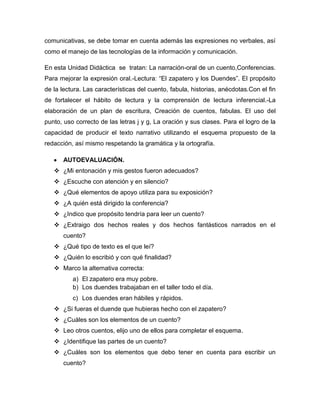 comunicativas, se debe tomar en cuenta además las expresiones no verbales, así
como el manejo de las tecnologías de la información y comunicación.

En esta Unidad Didáctica se tratan: La narración-oral de un cuento,Conferencias.
Para mejorar la expresión oral.-Lectura: “El zapatero y los Duendes”. El propósito
de la lectura. Las características del cuento, fabula, historias, anécdotas.Con el fin
de fortalecer el hábito de lectura y la comprensión de lectura inferencial.-La
elaboración de un plan de escritura, Creación de cuentos, fabulas. El uso del
punto, uso correcto de las letras j y g, La oración y sus clases. Para el logro de la
capacidad de producir el texto narrativo utilizando el esquema propuesto de la
redacción, así mismo respetando la gramática y la ortografía.

       AUTOEVALUACIÓN.
    ¿Mi entonación y mis gestos fueron adecuados?
    ¿Escuche con atención y en silencio?
    ¿Qué elementos de apoyo utiliza para su exposición?
    ¿A quién está dirigido la conferencia?
    ¿Indico que propósito tendría para leer un cuento?
    ¿Extraigo dos hechos reales y dos hechos fantásticos narrados en el
       cuento?
    ¿Qué tipo de texto es el que leí?
    ¿Quién lo escribió y con qué finalidad?
    Marco la alternativa correcta:
          a) El zapatero era muy pobre.
          b) Los duendes trabajaban en el taller todo el día.
          c) Los duendes eran hábiles y rápidos.
    ¿Si fueras el duende que hubieras hecho con el zapatero?
    ¿Cuáles son los elementos de un cuento?
    Leo otros cuentos, elijo uno de ellos para completar el esquema.
    ¿Identifique las partes de un cuento?
    ¿Cuáles son los elementos que debo tener en cuenta para escribir un
       cuento?
 