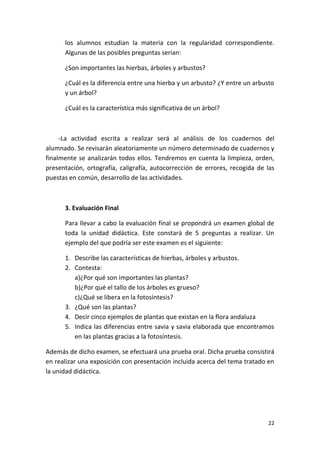 22
los alumnos estudian la materia con la regularidad correspondiente.
Algunas de las posibles preguntas serian:
¿Son importantes las hierbas, árboles y arbustos?
¿Cuál es la diferencia entre una hierba y un arbusto? ¿Y entre un arbusto
y un árbol?
¿Cuál es la característica más significativa de un árbol?
-La actividad escrita a realizar será al análisis de los cuadernos del
alumnado. Se revisarán aleatoriamente un número determinado de cuadernos y
finalmente se analizarán todos ellos. Tendremos en cuenta la limpieza, orden,
presentación, ortografía, caligrafía, autocorrección de errores, recogida de las
puestas en común, desarrollo de las actividades.
3. Evaluación Final
Para llevar a cabo la evaluación final se propondrá un examen global de
toda la unidad didáctica. Este constará de 5 preguntas a realizar. Un
ejemplo del que podría ser este examen es el siguiente:
1. Describe las características de hierbas, árboles y arbustos.
2. Contesta:
a)¿Por qué son importantes las plantas?
b)¿Por qué el tallo de los árboles es grueso?
c)¿Qué se libera en la fotosíntesis?
3. ¿Qué son las plantas?
4. Decir cinco ejemplos de plantas que existan en la flora andaluza
5. Indica las diferencias entre savia y savia elaborada que encontramos
en las plantas gracias a la fotosíntesis.
Además de dicho examen, se efectuará una prueba oral. Dicha prueba consistirá
en realizar una exposición con presentación incluida acerca del tema tratado en
la unidad didáctica.
 