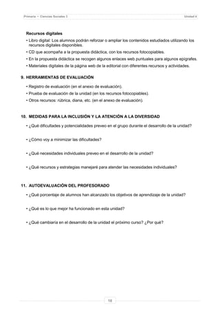10
Primaria • Ciencias Sociales 3 Unidad 4
Recursos digitales
• Libro digital: Los alumnos podrán reforzar o ampliar los contenidos estudiados utilizando los
recursos digitales disponibles.
• CD que acompaña a la propuesta didáctica, con los recursos fotocopiables.
• En la propuesta didáctica se recogen algunos enlaces web puntuales para algunos epígrafes.
• Materiales digitales de la página web de la editorial con diferentes recursos y actividades.
9. HERRAMIENTAS DE EVALUACIÓN
• Registro de evaluación (en el anexo de evaluación).
• Prueba de evaluación de la unidad (en los recursos fotocopiables).
• Otros recursos: rúbrica, diana, etc. (en el anexo de evaluación).
10. MEDIDAS PARA LA INCLUSIÓN Y LA ATENCIÓN A LA DIVERSIDAD
• ¿Qué dificultades y potencialidades preveo en el grupo durante el desarrollo de la unidad?
• ¿Cómo voy a minimizar las dificultades?
• ¿Qué necesidades individuales preveo en el desarrollo de la unidad?
• ¿Qué recursos y estrategias manejaré para atender las necesidades individuales?
11. AUTOEVALUACIÓN DEL PROFESORADO
• ¿Qué porcentaje de alumnos han alcanzado los objetivos de aprendizaje de la unidad?
• ¿Qué es lo que mejor ha funcionado en esta unidad?
• ¿Qué cambiaría en el desarrollo de la unidad el próximo curso? ¿Por qué?
 