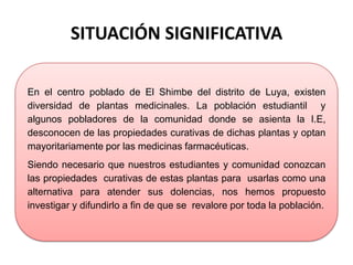 SITUACIÓN SIGNIFICATIVA
En el centro poblado de El Shimbe del distrito de Luya, existen
diversidad de plantas medicinales. La población estudiantil y
algunos pobladores de la comunidad donde se asienta la I.E,
desconocen de las propiedades curativas de dichas plantas y optan
mayoritariamente por las medicinas farmacéuticas.
Siendo necesario que nuestros estudiantes y comunidad conozcan
las propiedades curativas de estas plantas para usarlas como una
alternativa para atender sus dolencias, nos hemos propuesto
investigar y difundirlo a fin de que se revalore por toda la población.
 